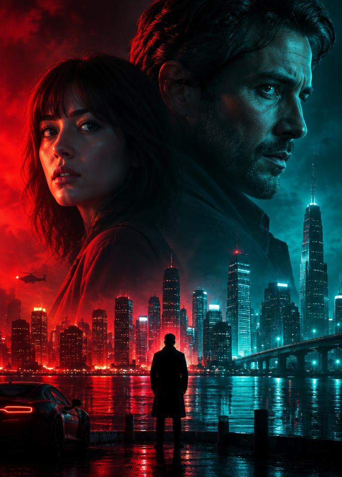 Póster de película: ciudad nocturna con luces de neón
