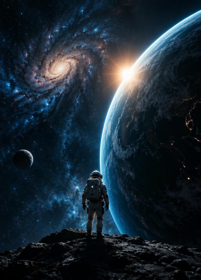 Póster de ciencia ficción: astronauta en el espacio