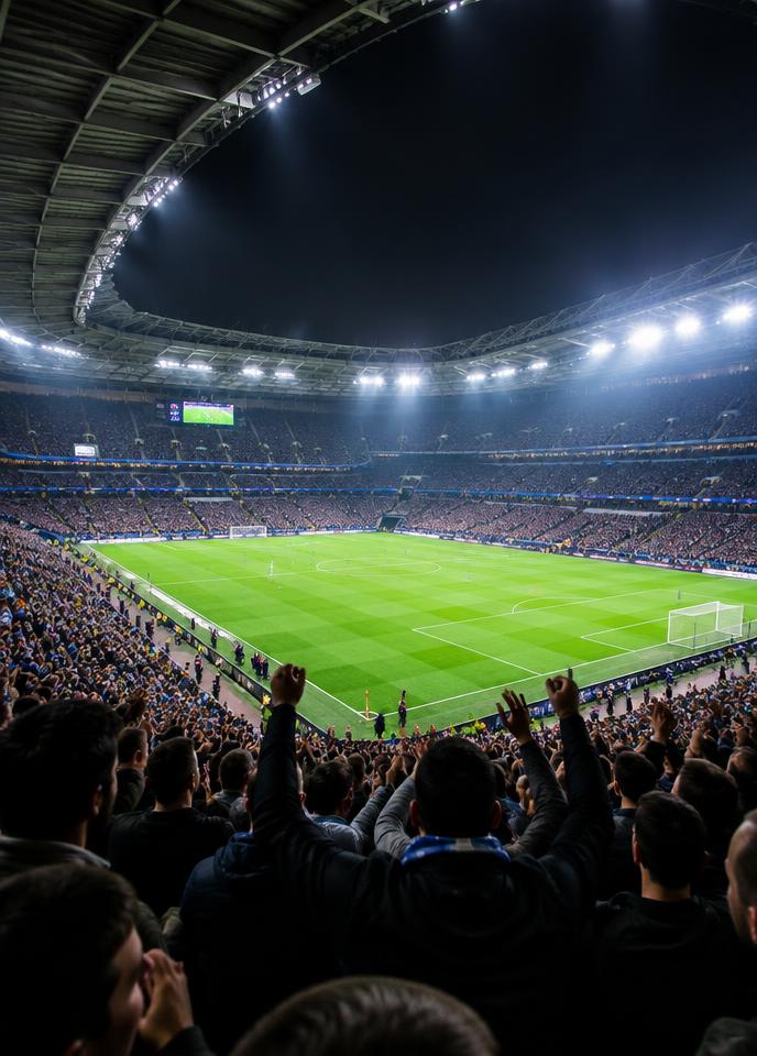 Estadio de fútbol iluminado con el público de pie